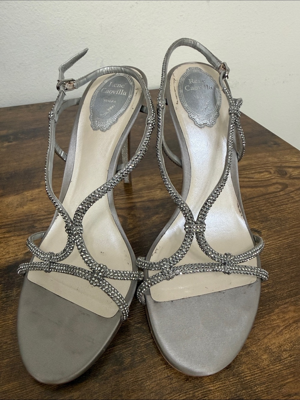 Rene Caovilla Silver Crystal-Strap Slingback Sandals
